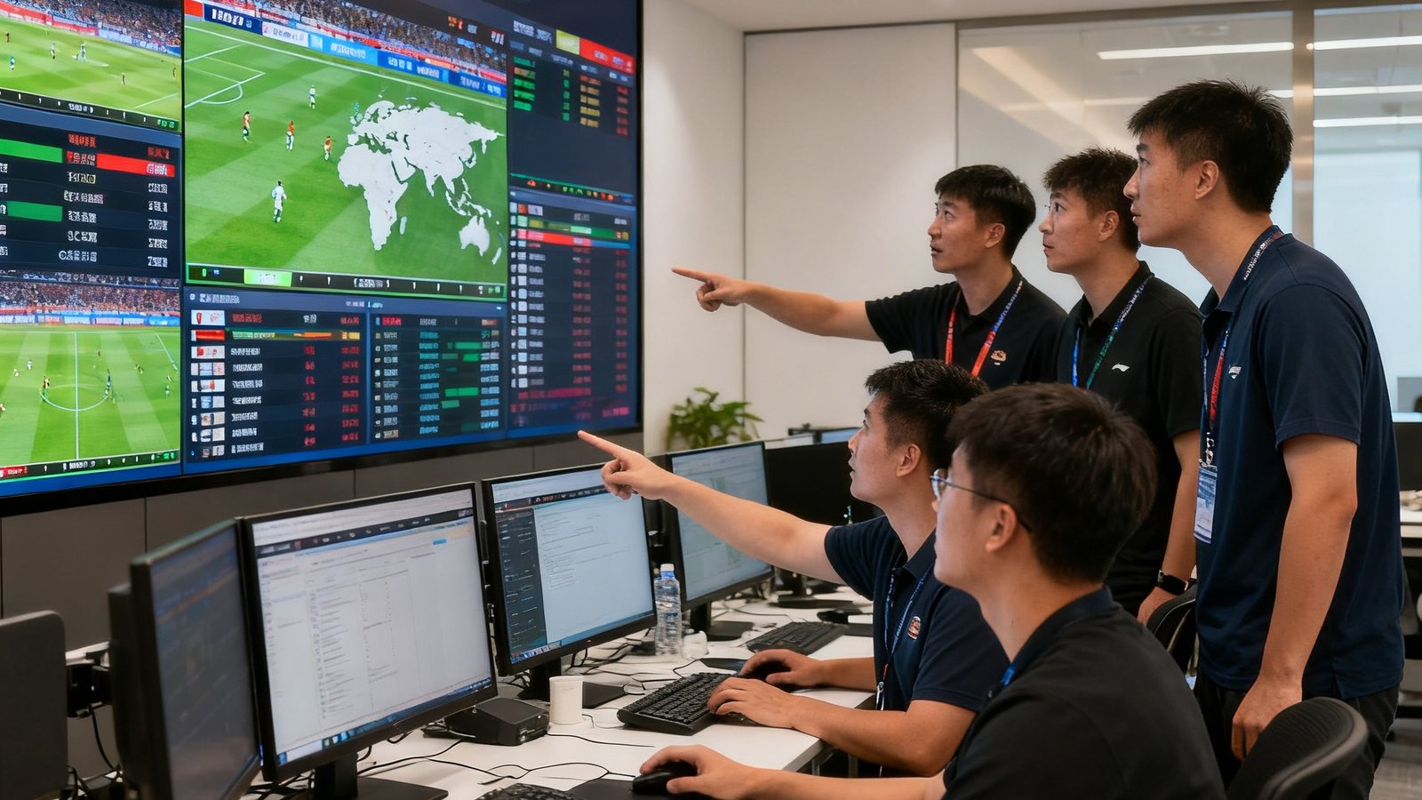 天天体育北京办公室，数据大屏实时显示全球赛事，团队正在紧张工作中